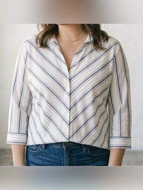Chico's White and Blue Striped Button-Down Shirt
